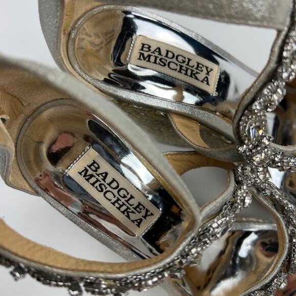 Badgley Mischka Crystal Espadrille Wedge Platform Sandals Silver Leather Size 5 - Picture 9 of 16